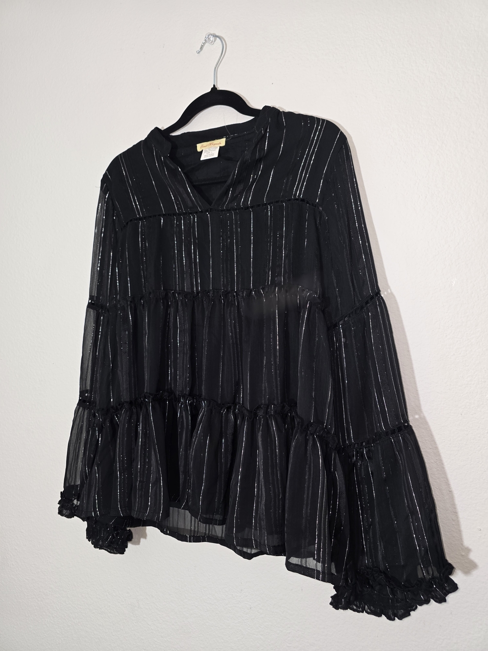 Black Metallic-Strip Tiered V-Neck Blouse